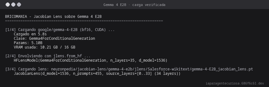Salida real verificada de la carga de Gemma 4 E2B y la lens preajustada.